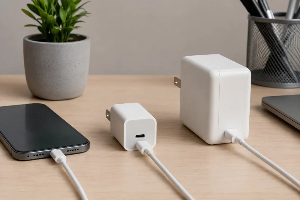 USB chargers of different sizes connected to a smartphone and laptop on a wooden desk, with a potted plant and stationery in the background.