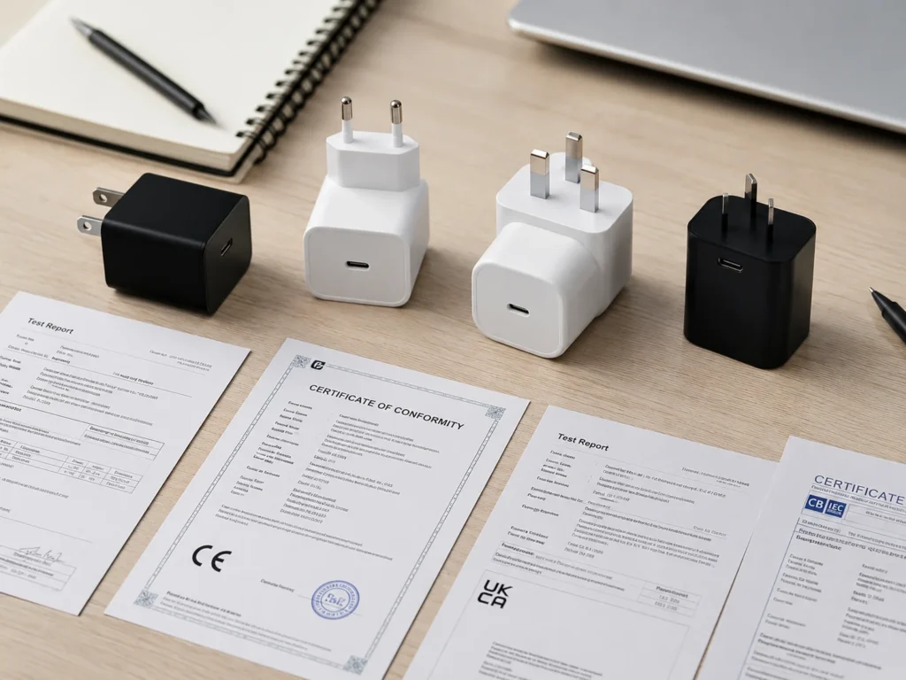 Four USB wall chargers with different plug styles placed on a wooden table alongside certification and test report documents.