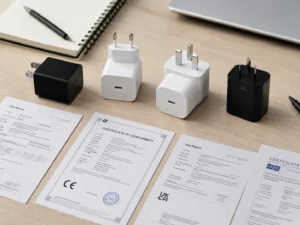 Four USB wall chargers with different plug styles placed on a wooden table alongside certification and test report documents.