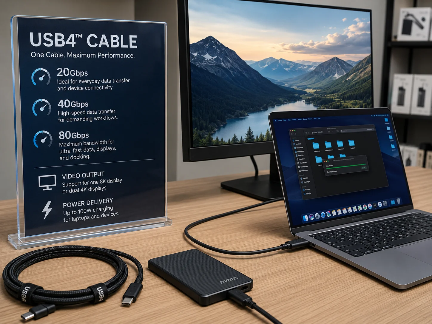 USB4 cable specs 20Gbps 40Gbps 80Gbps PD video