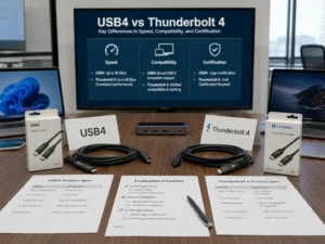 A setup comparing USB4 and Thunderbolt 4 cables, featuring product boxes, specifications sheets, and a displayed comparison chart on a screen.