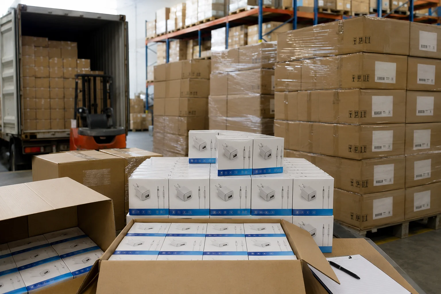 Wholesale Chargers for Import Export A warehouse scene with boxes of chargers ready for shipment, showing logos and packaging.
