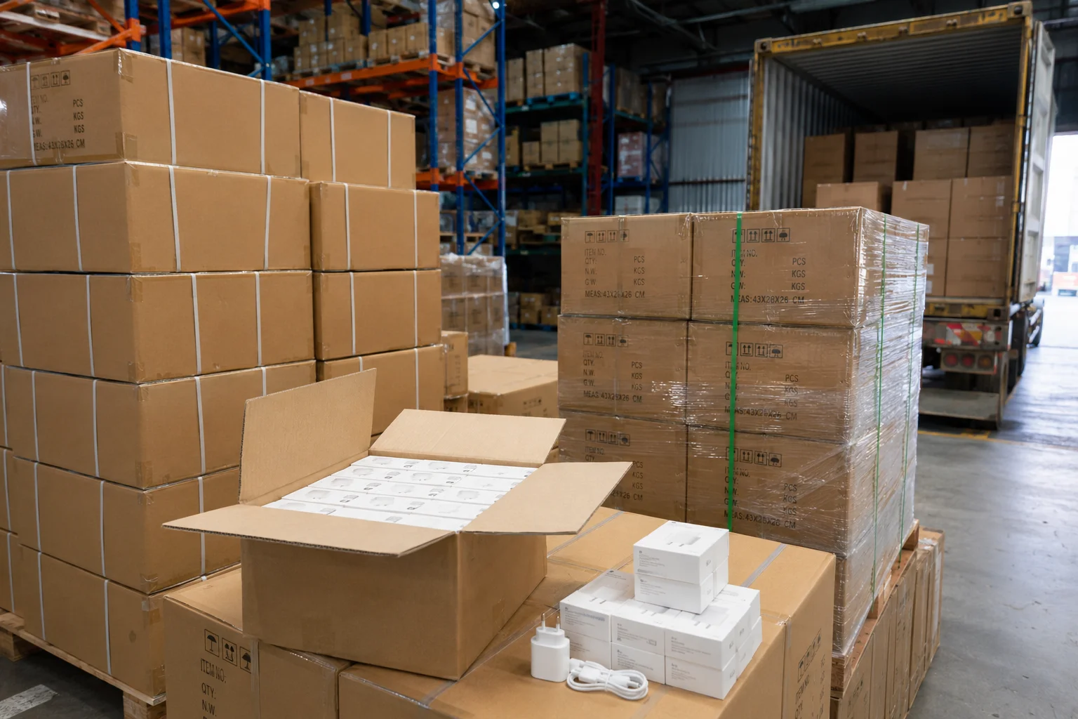 Wholesale Charger Sourcing A warehouse scene with boxes of chargers ready for shipping