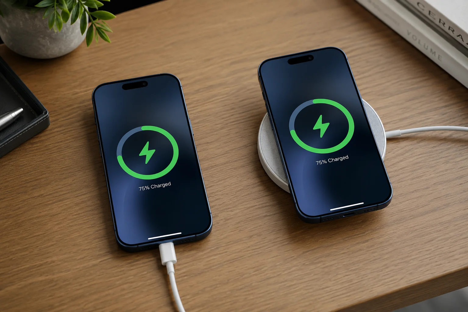 An iPhone 16 charging with a USB-C cable and another one charging with a MagSafe puck