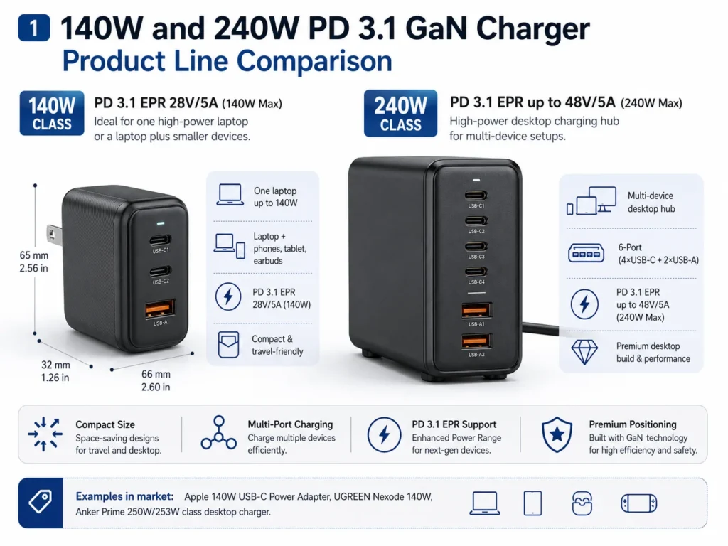 Visual comparison of 140W and 240W PD 3.1 GaN chargers, showcasing compact design, multiple ports, and high-powered capabilities.