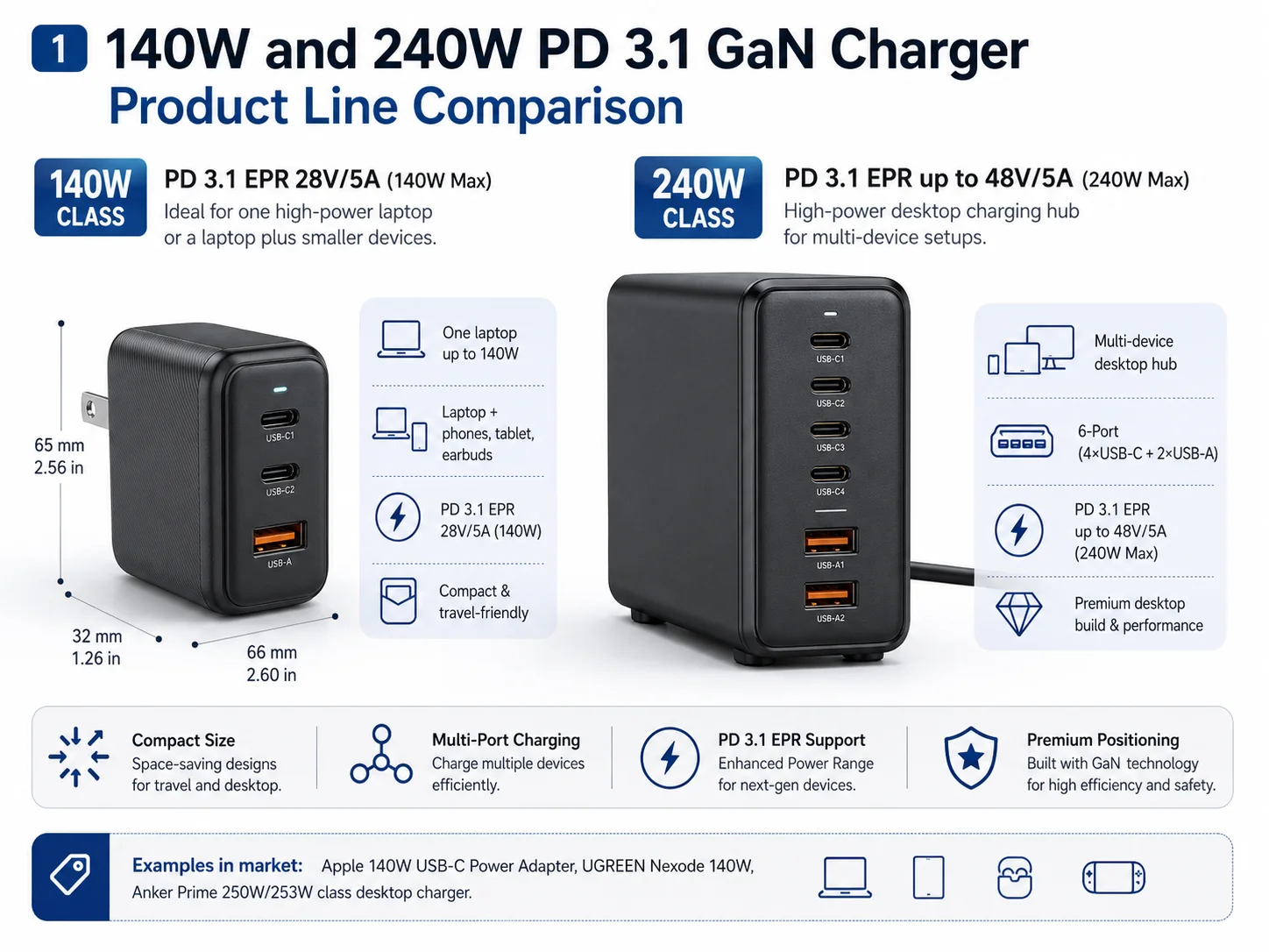 140W and 240W PD 3.1 GaN charger product line comparison
