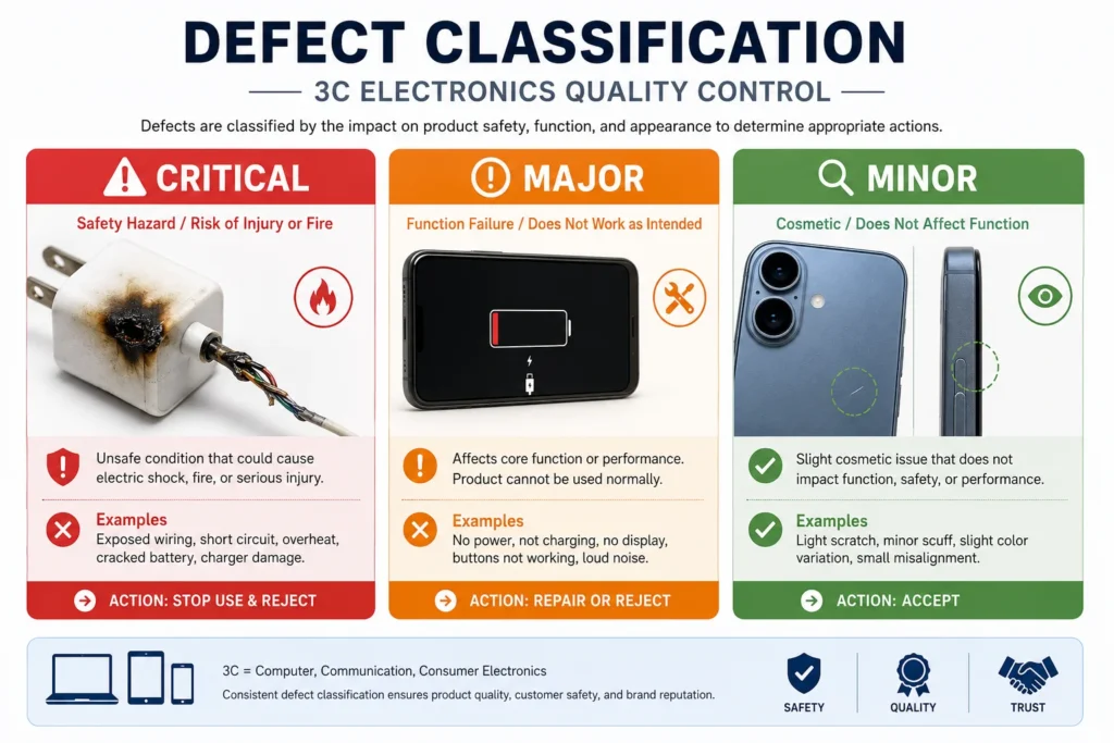 Infographic outlining defect classifications for 3C electronics. It categorizes defects into critical (safety hazards), major (function failures), and minor (cosmetic issues) with specific examples and recommended actions.