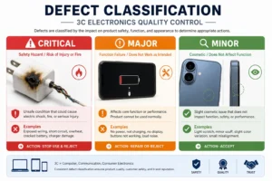 Infographic outlining defect classifications for 3C electronics. It categorizes defects into critical (safety hazards), major (function failures), and minor (cosmetic issues) with specific examples and recommended actions.