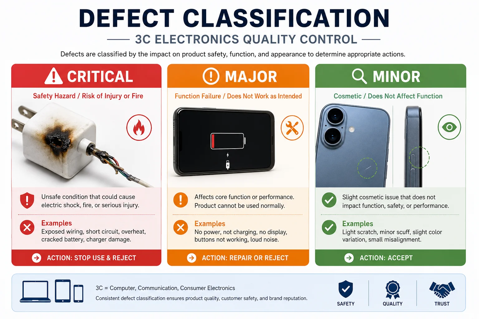 three icons representing critical, major, and minor defects on a smartphone screen