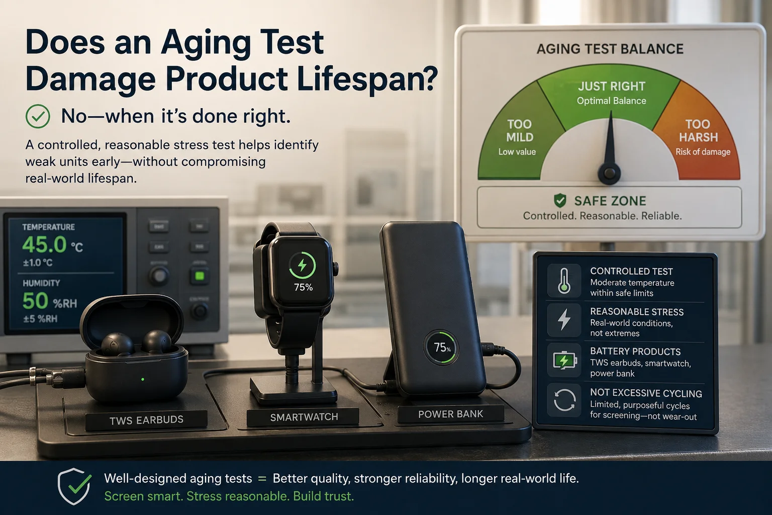 Controlled Aging Test for Battery Electronics safe electronics aging test for batteries chargers and earbuds