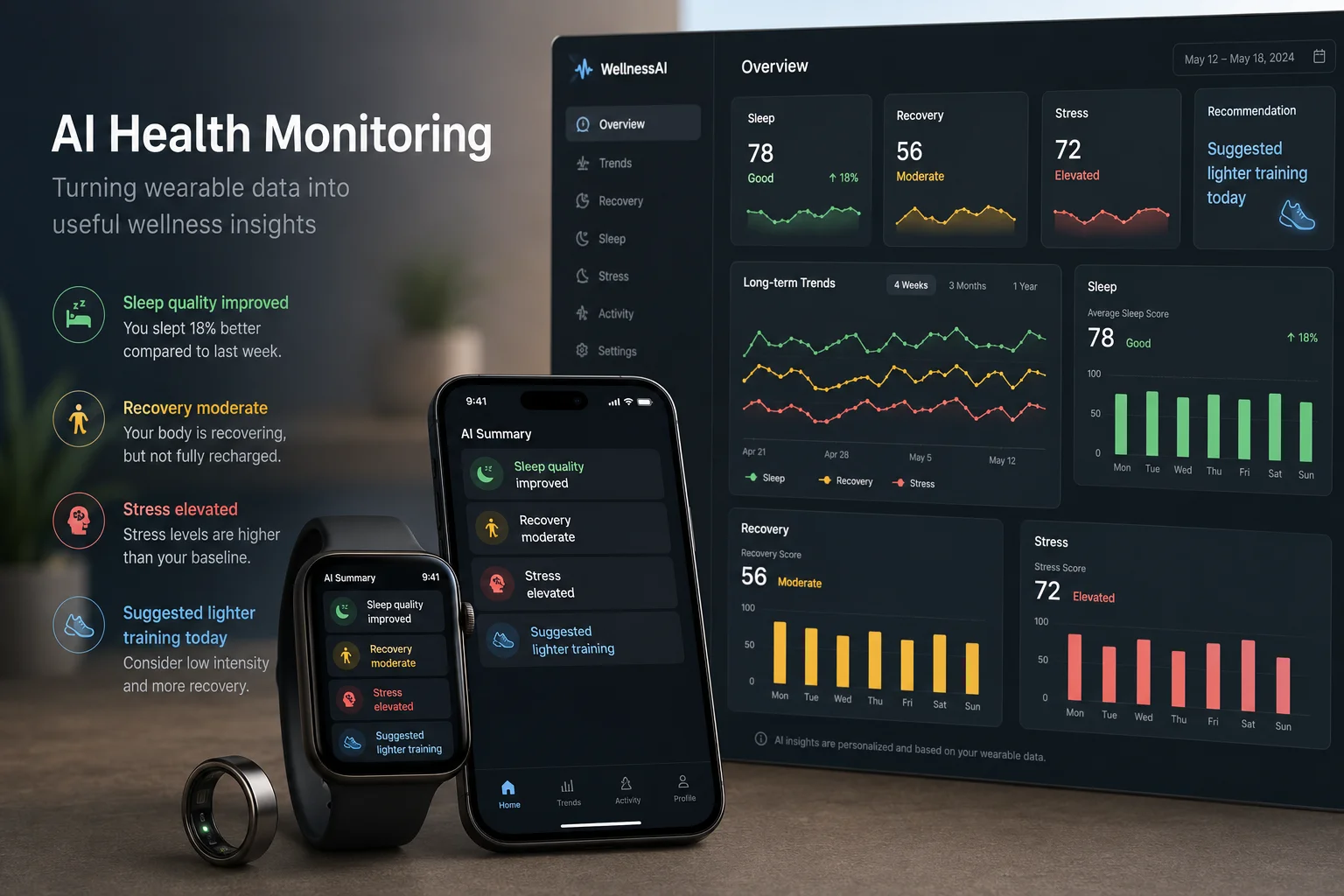 AI health monitoring wearable dashboard with recovery sleep and stress insights