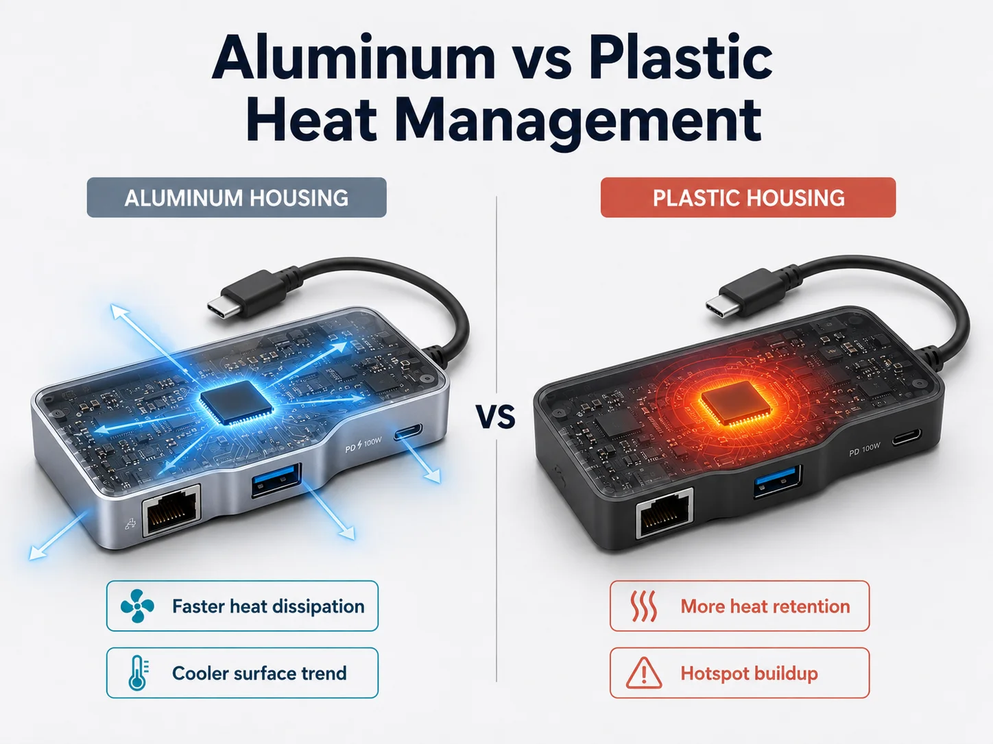 Aluminum versus plastic USB-C hub heat management Aluminum USB-C hub housing improves heat dissipation