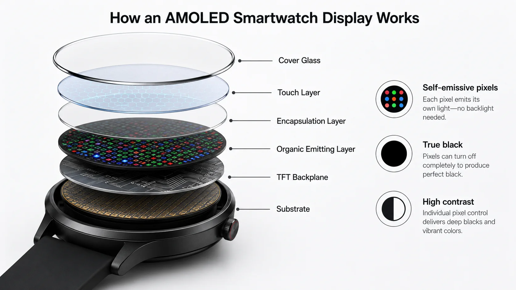 AMOLED smartwatch pixel structure diagram close-up cross-section illustration of a smartwatch AMOLED pixel layer