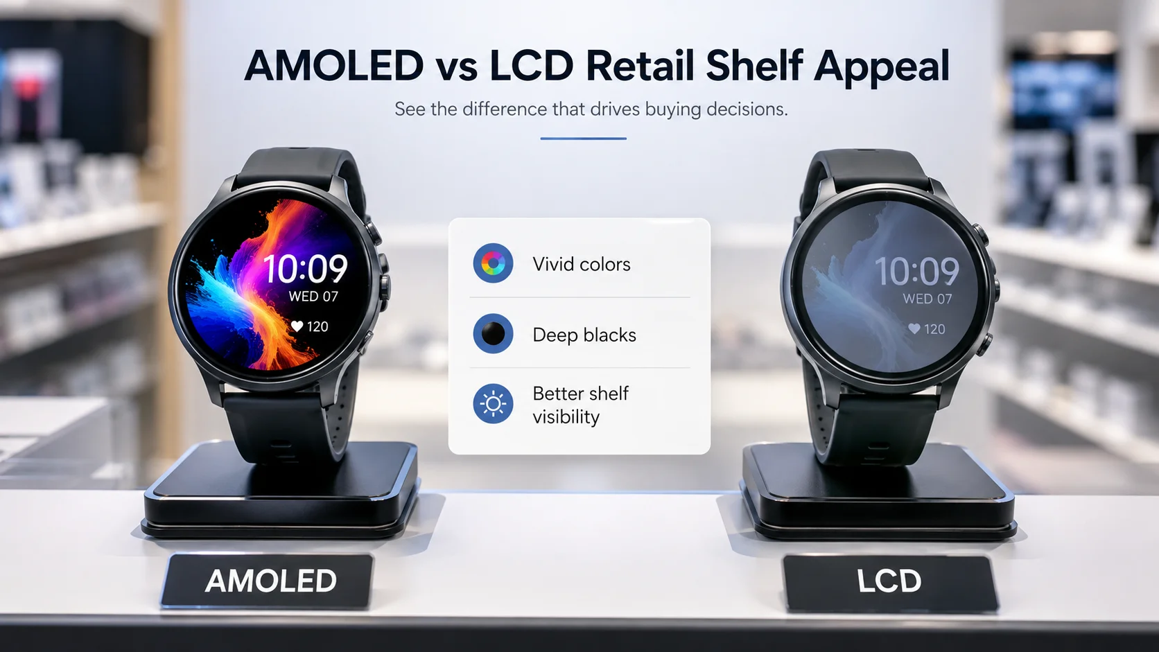 AMOLED vs LCD smartwatch retail shelf visibility high-end smartwatch with vibrant AMOLED display next to an LCD watch under store lighting