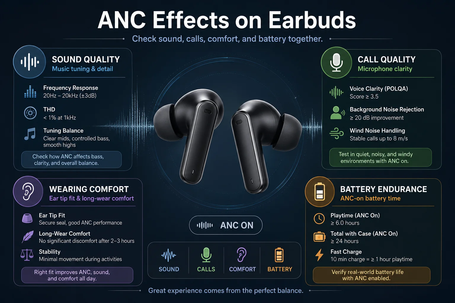 ANC effects on earbuds ANC earbud quality testing for sound calls comfort and battery life