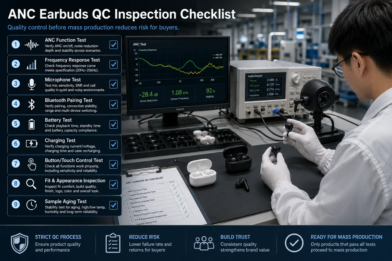 ANC earbuds QC inspection checklist ANC earbud quality control tests before mass production