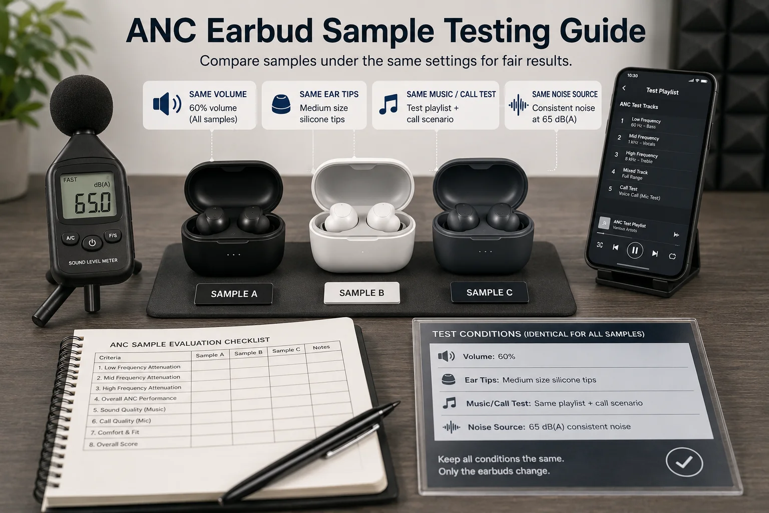 ANC earbud sample testing guide Buyer comparing ANC earbud quality samples with consistent test settings