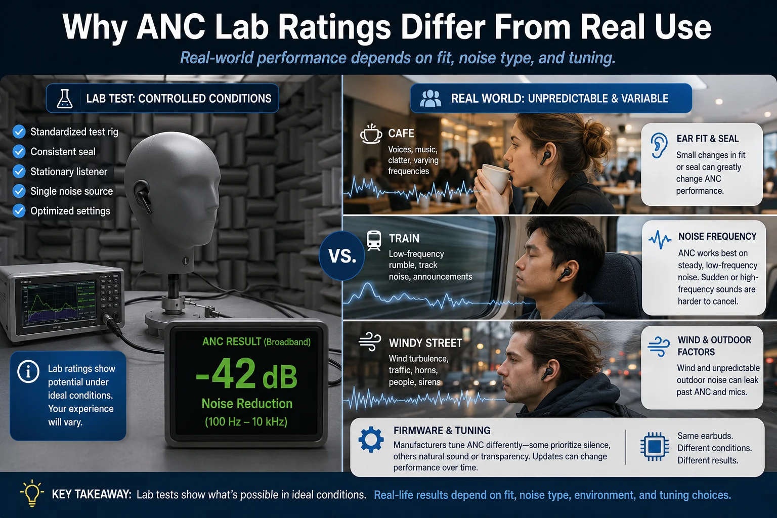 Why ANC lab ratings differ from real use Real world ANC earbud quality testing beyond laboratory ratings
