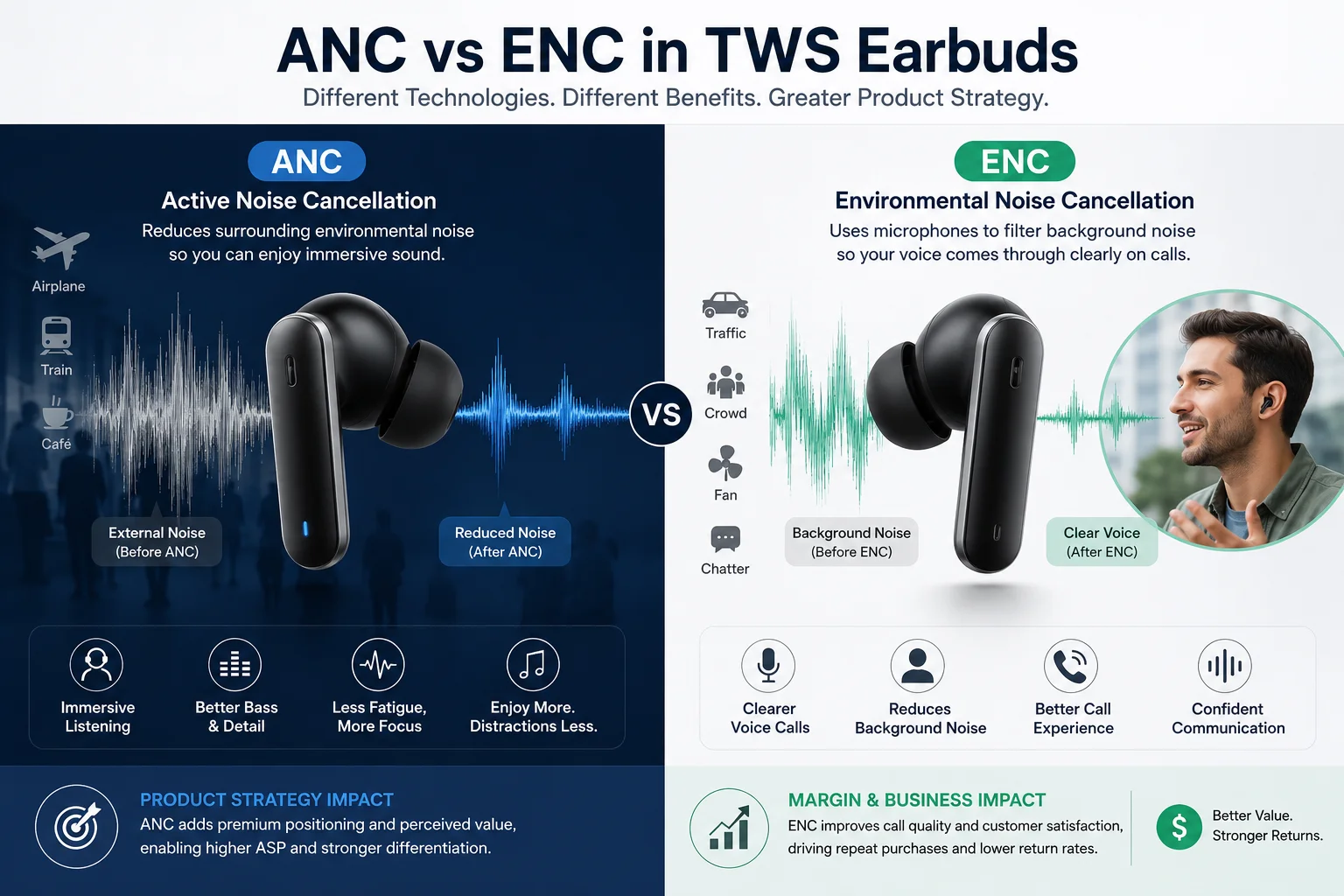 ANC vs ENC for TWS Earbuds Comparison graphic of ANC blocking outside noise vs ENC clarifying voice calls