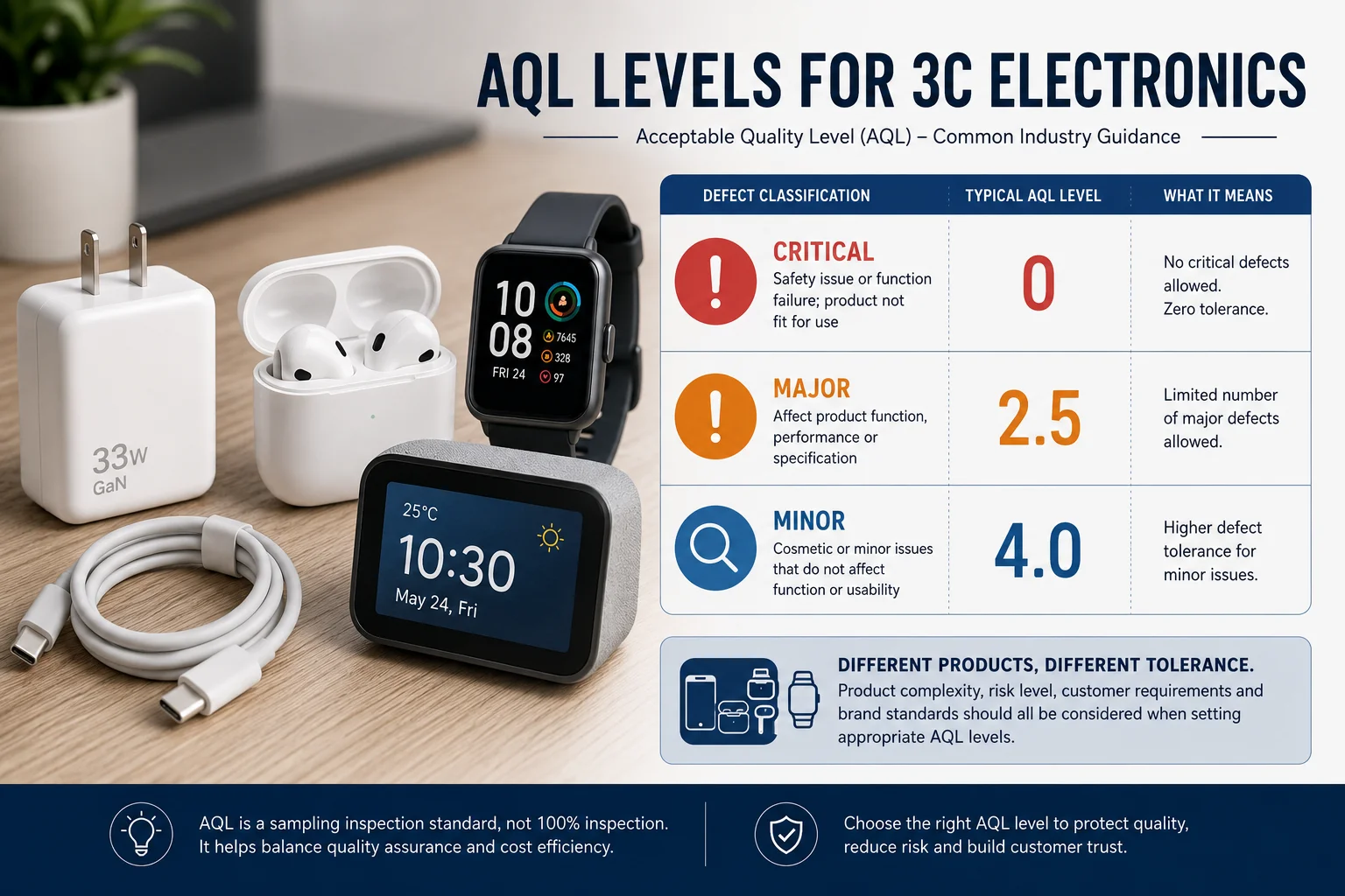 different consumer electronics products like a charger, cable, and earbuds on a table
