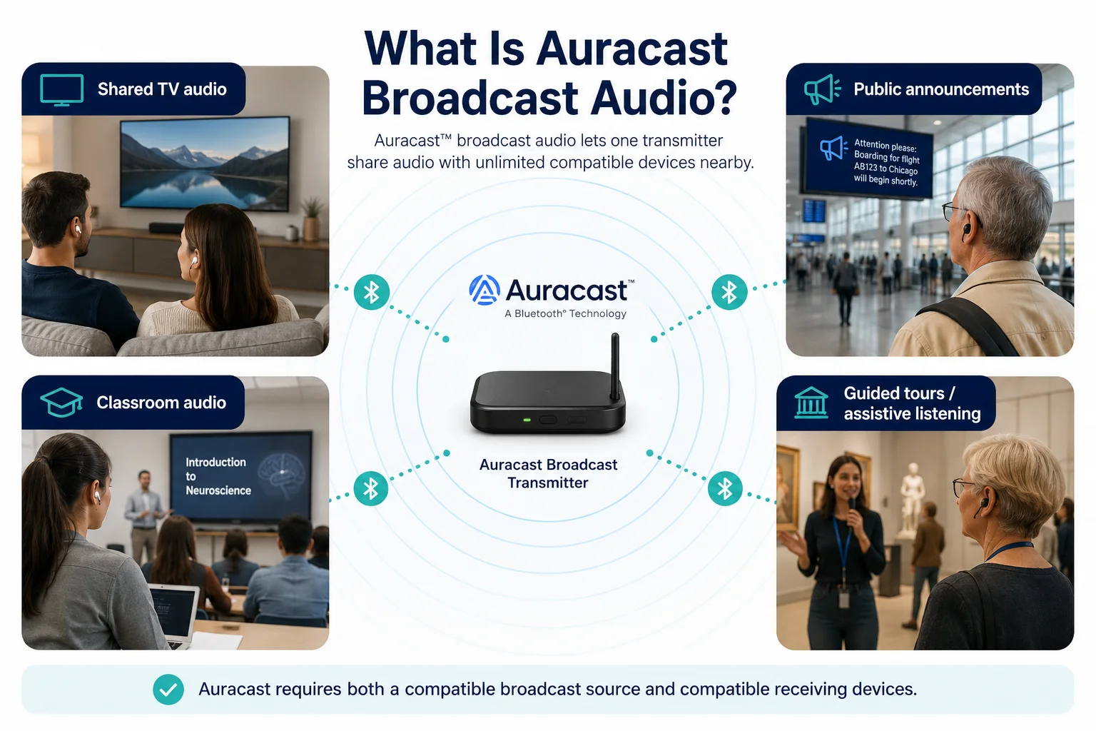 Auracast Bluetooth LE Audio earbuds receiving public broadcast sound