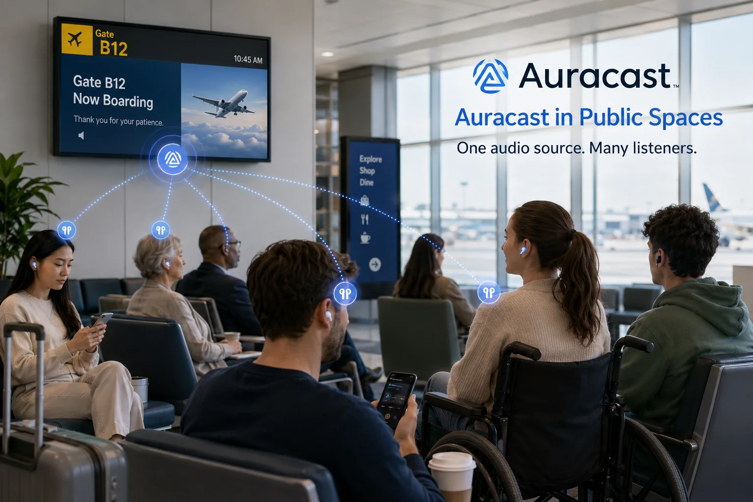 Auracast in Public People in a public space like an airport using Auracast on their earbuds
