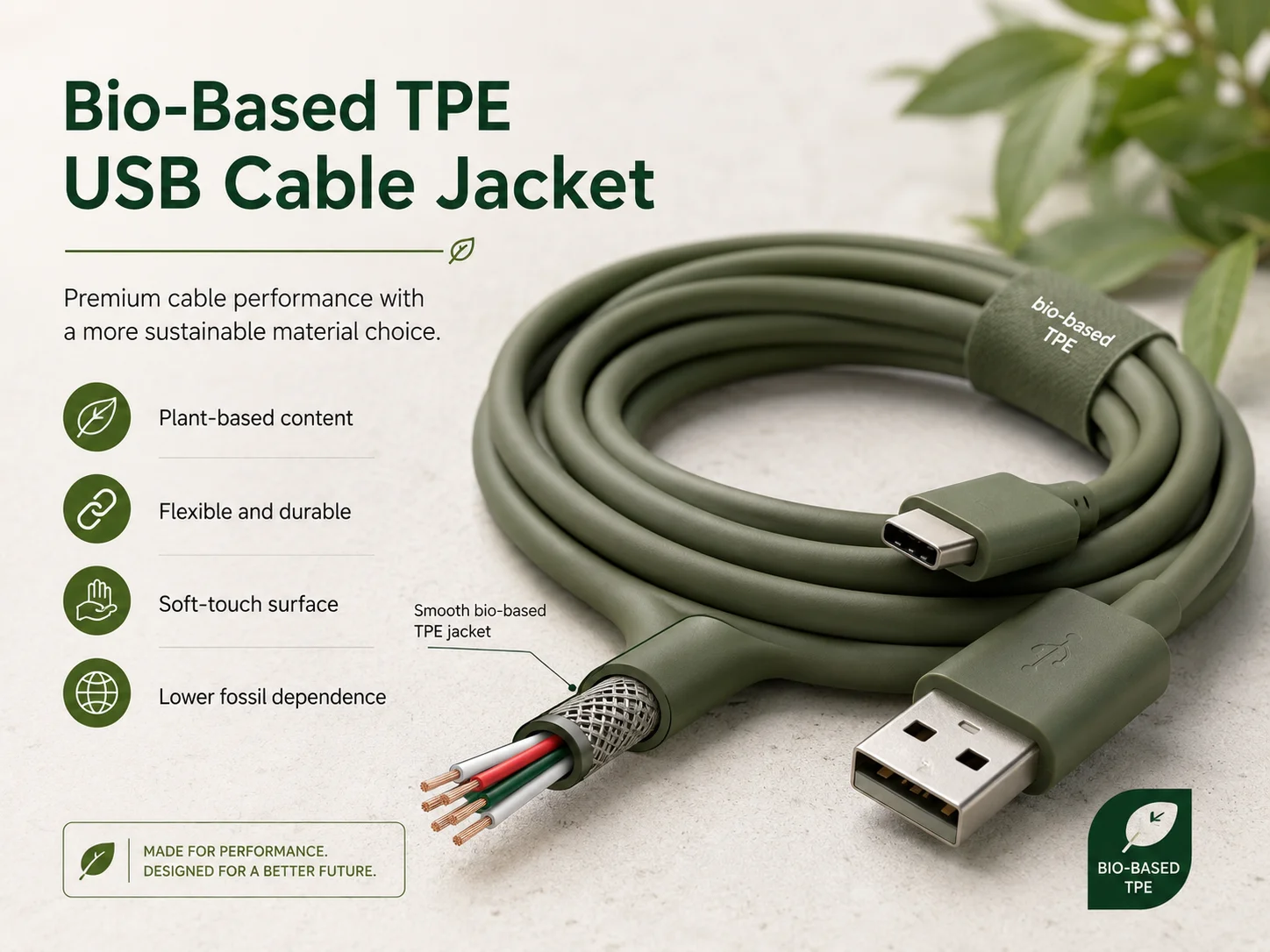 Bio-based TPE cable jacket for eco-friendly USB cables