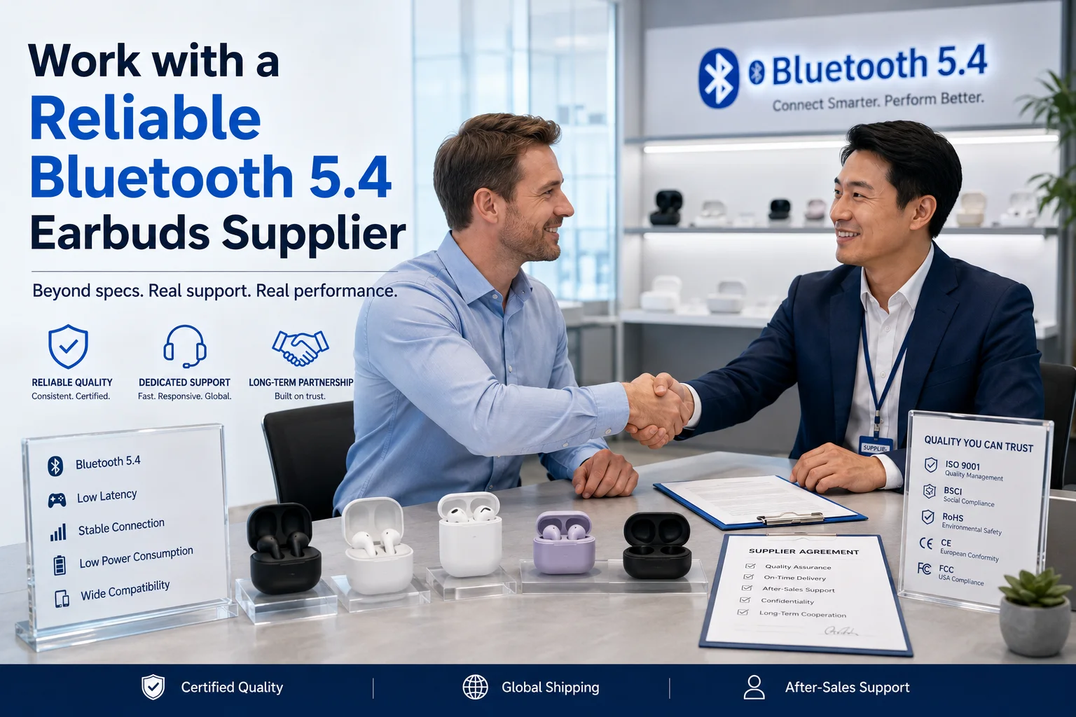 Reliable TWS Earbuds Supplier A handshake between a buyer and a reliable electronics supplier