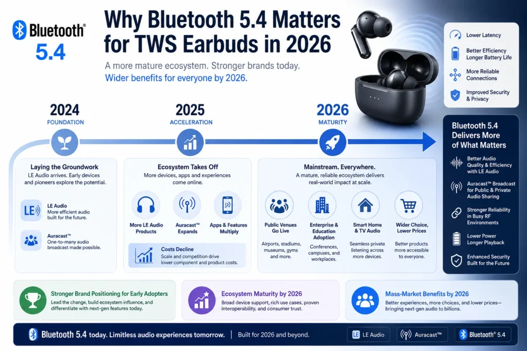 Infographic explaining the benefits of Bluetooth 5.4 for TWS earbuds, highlighting features like lower latency, better efficiency, and enhanced audio quality, with a timeline from 2024 to 2026.