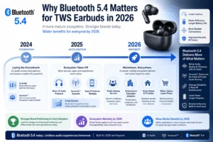 Infographic explaining the benefits of Bluetooth 5.4 for TWS earbuds, highlighting features like lower latency, better efficiency, and enhanced audio quality, with a timeline from 2024 to 2026.
