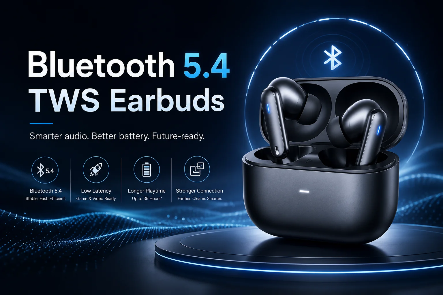 Bluetooth 5.4 TWS Earbuds A pair of modern TWS earbuds with Bluetooth 5.4 technology