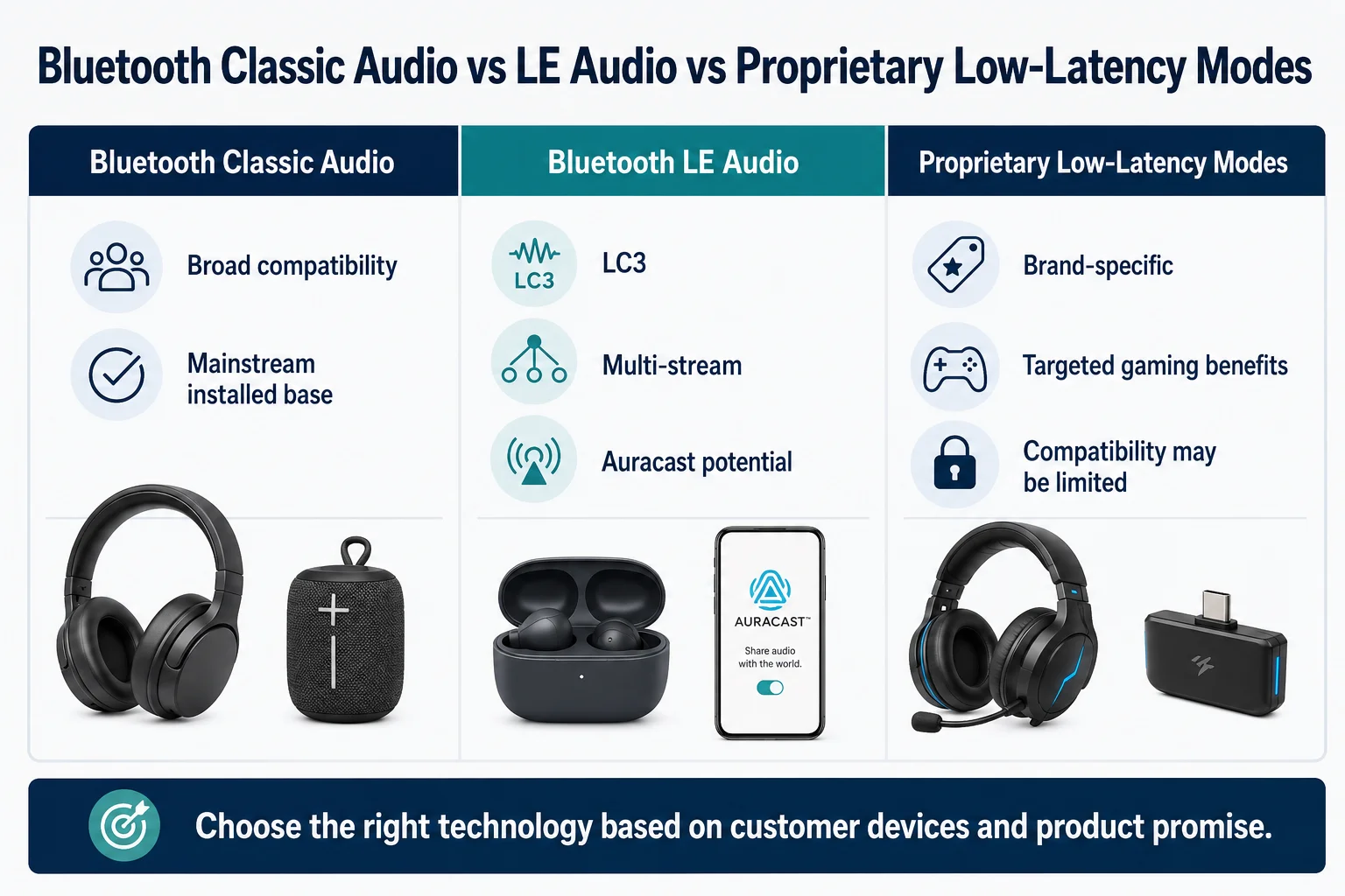 Bluetooth LE Audio comparison with Classic Audio and low latency modes