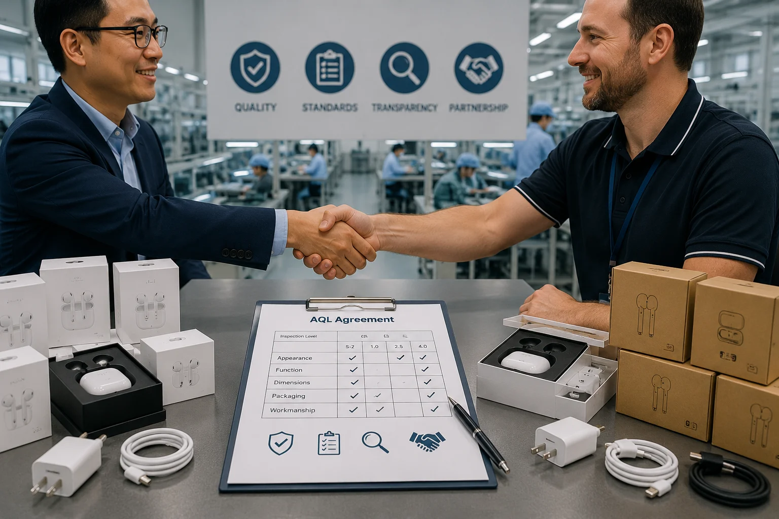 illustration of a buyer and supplier shaking hands over a quality inspection checklist