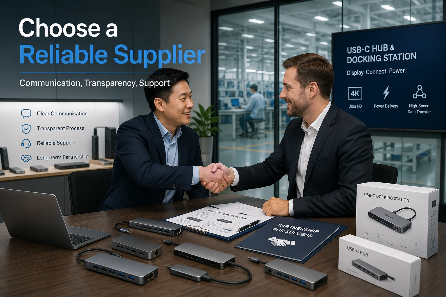 Two people shaking hands over a table with product samples.