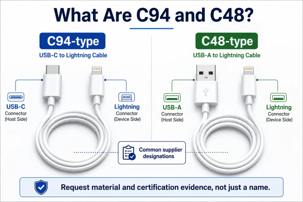 Comparison of C94 USB-C to lightning cable and C48 USB-A to lightning cable, with details on connectors for host and device sides.