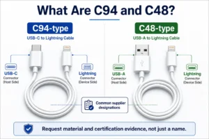 Comparison of C94 USB-C to lightning cable and C48 USB-A to lightning cable, with details on connectors for host and device sides.