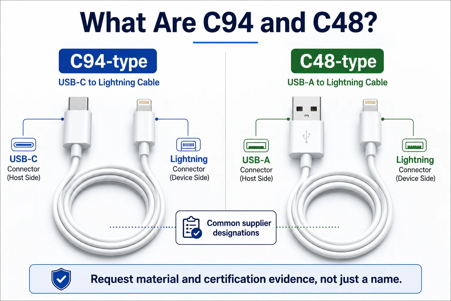 C94 connector and C48 connector in USB-C to Lightning and USB-A cable designs