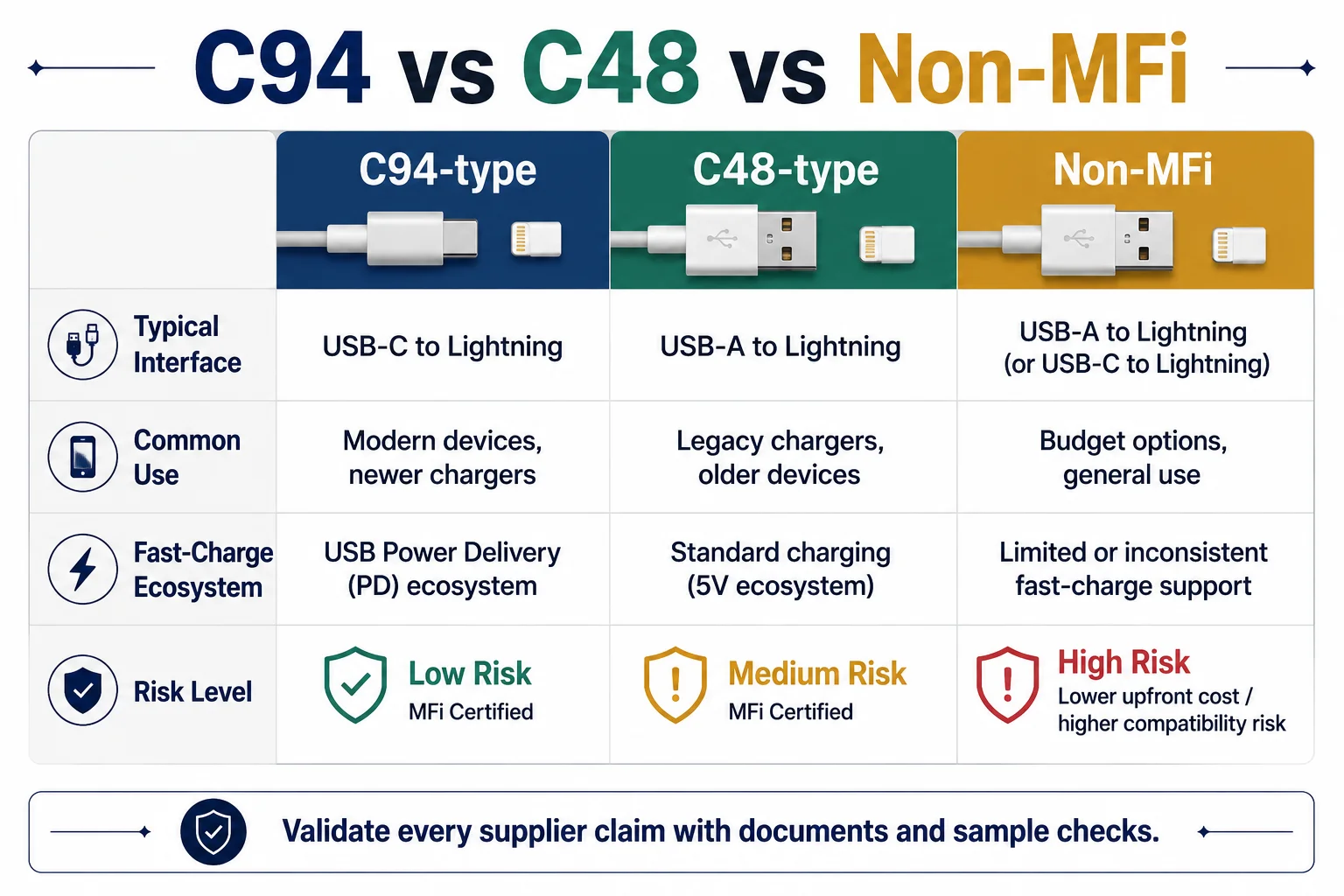 Apple C94 vs C48 vs non-MFi Lightning connectors comparison table