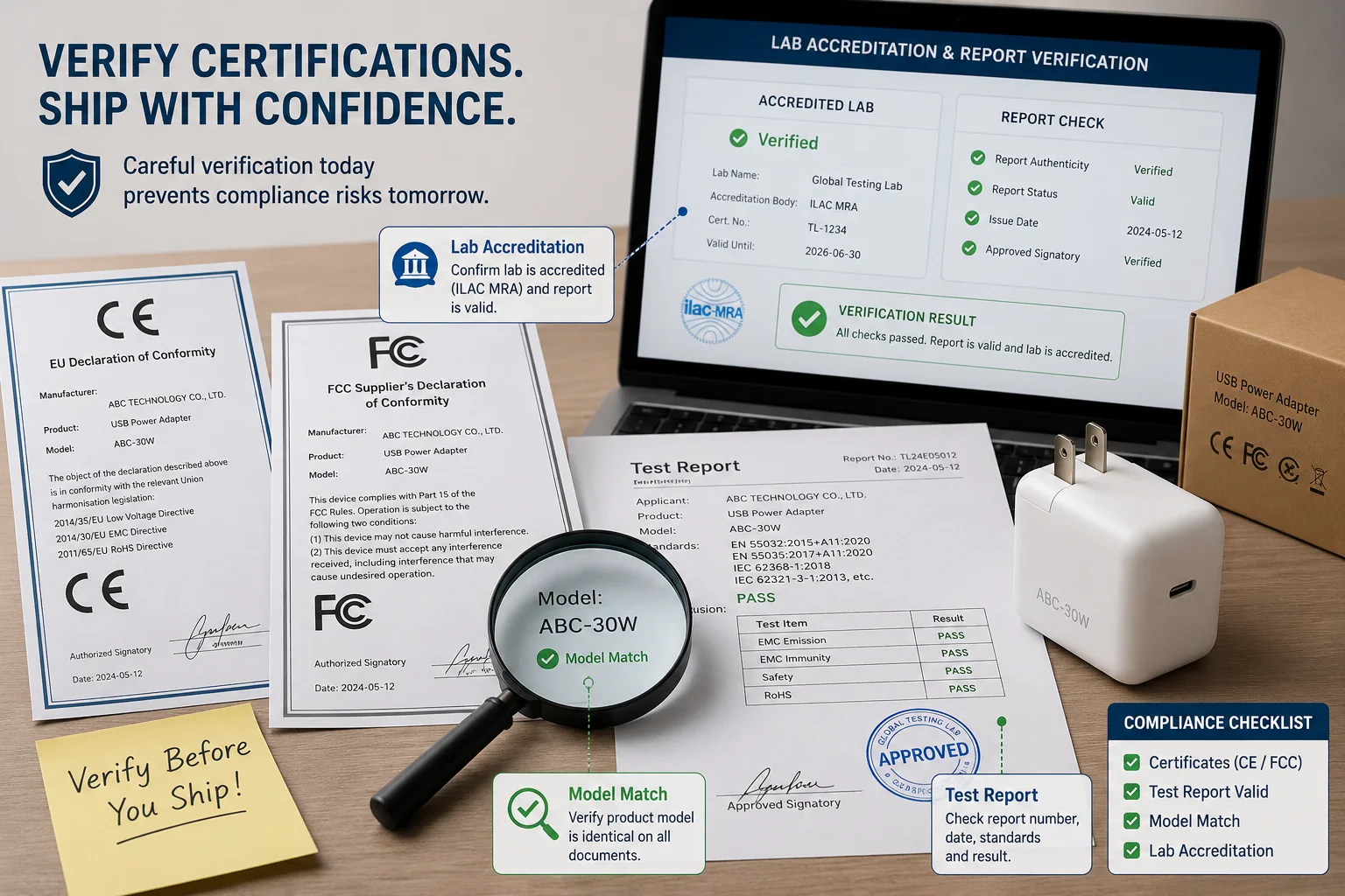 a CE and FCC certification document with a magnifying glass