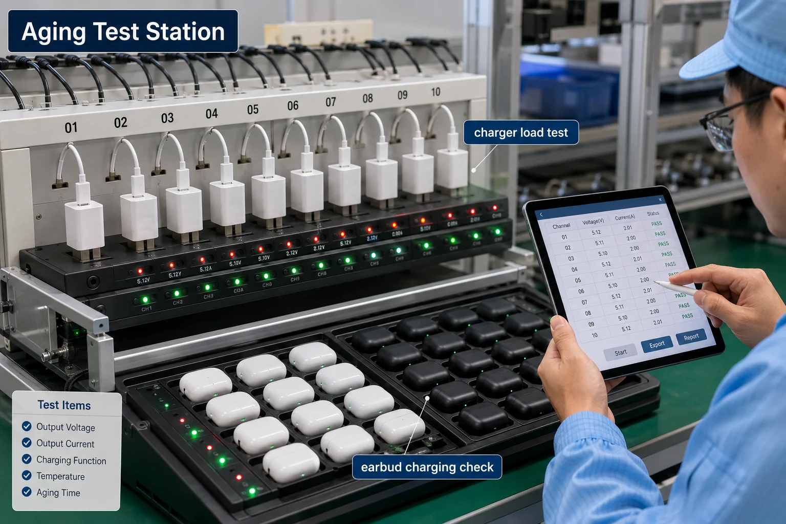 Aging Test Station for Chargers and Earbuds electronics aging test station for USB chargers and TWS earbuds