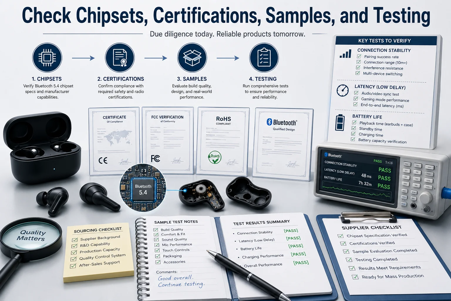 Checking TWS Earbud Chipset and Certification A buyer inspecting a TWS earbud chipset and certification documents