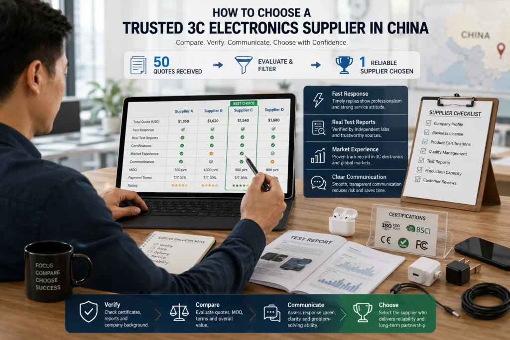 Business professional comparing 3C electronics supplier quotes on a laptop, referencing supplier checklist and certifications on a desk.