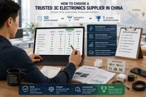 Business professional comparing 3C electronics supplier quotes on a laptop, referencing supplier checklist and certifications on a desk.