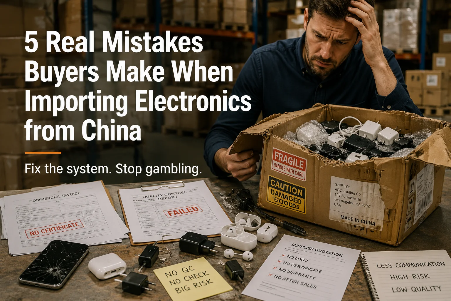 a person looking at a broken shipment of electronics