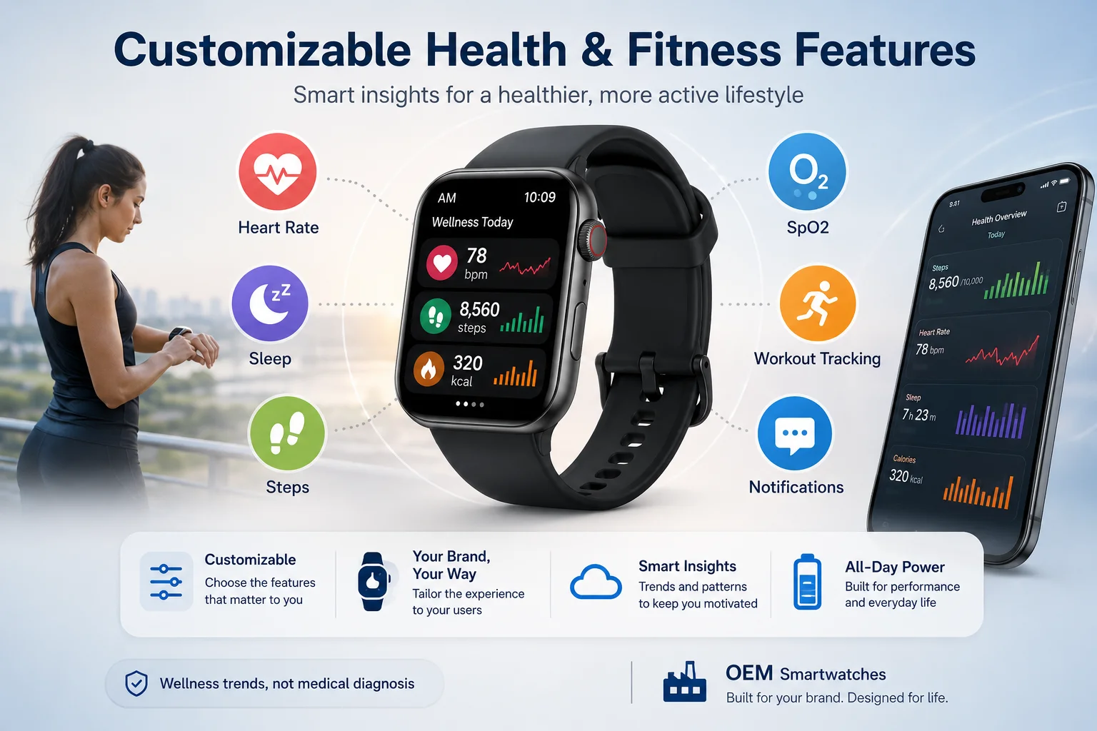 An animation showing various health icons like heart rate and steps