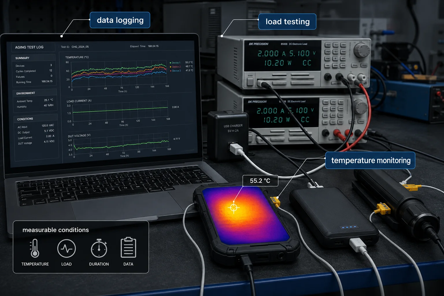Load and Temperature Monitoring for Electronics Aging Test electronics aging test with load testing and temperature monitoring