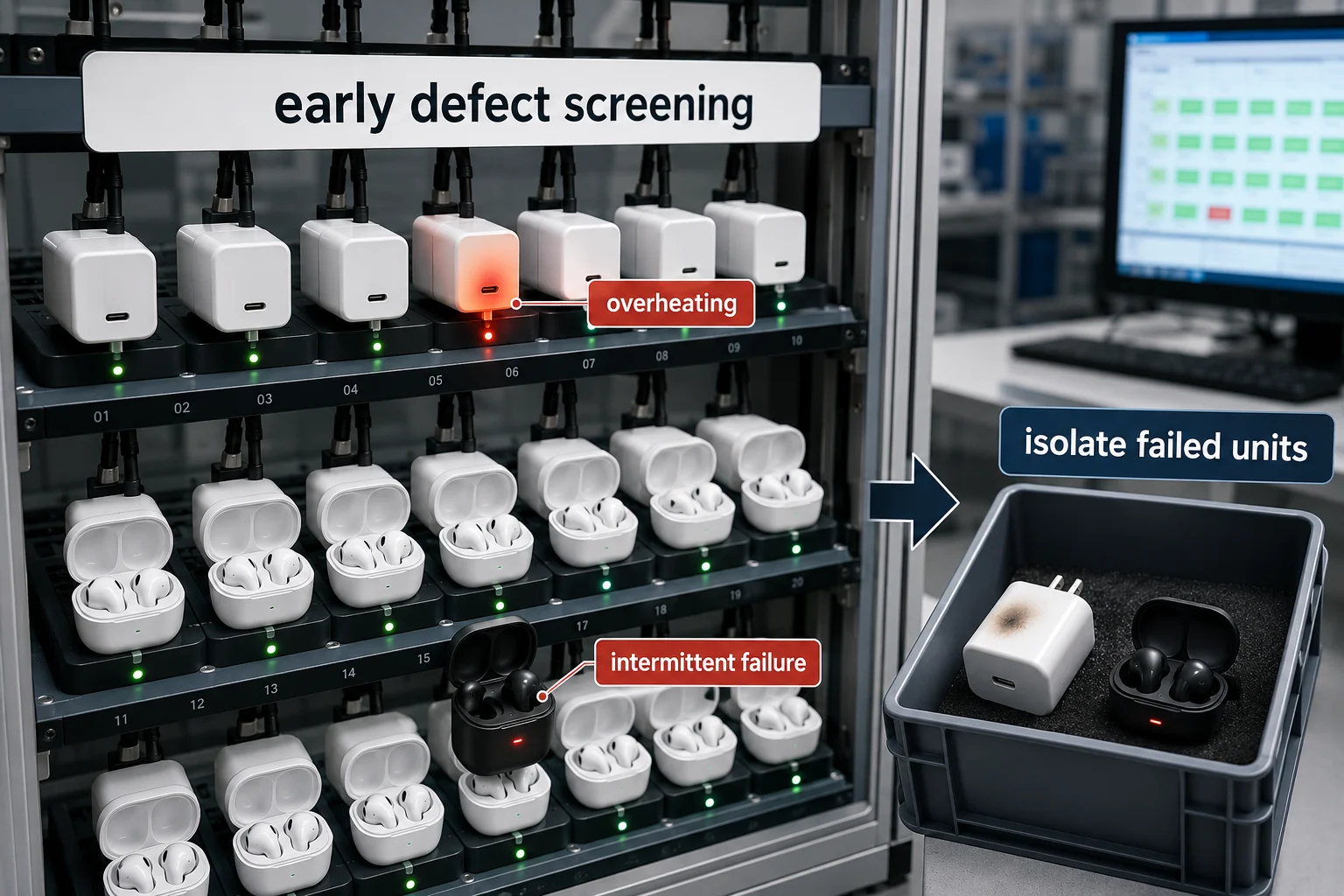 Early Defect Screening During Electronics Aging Testing electronics aging test identifying early charger and earbud defects