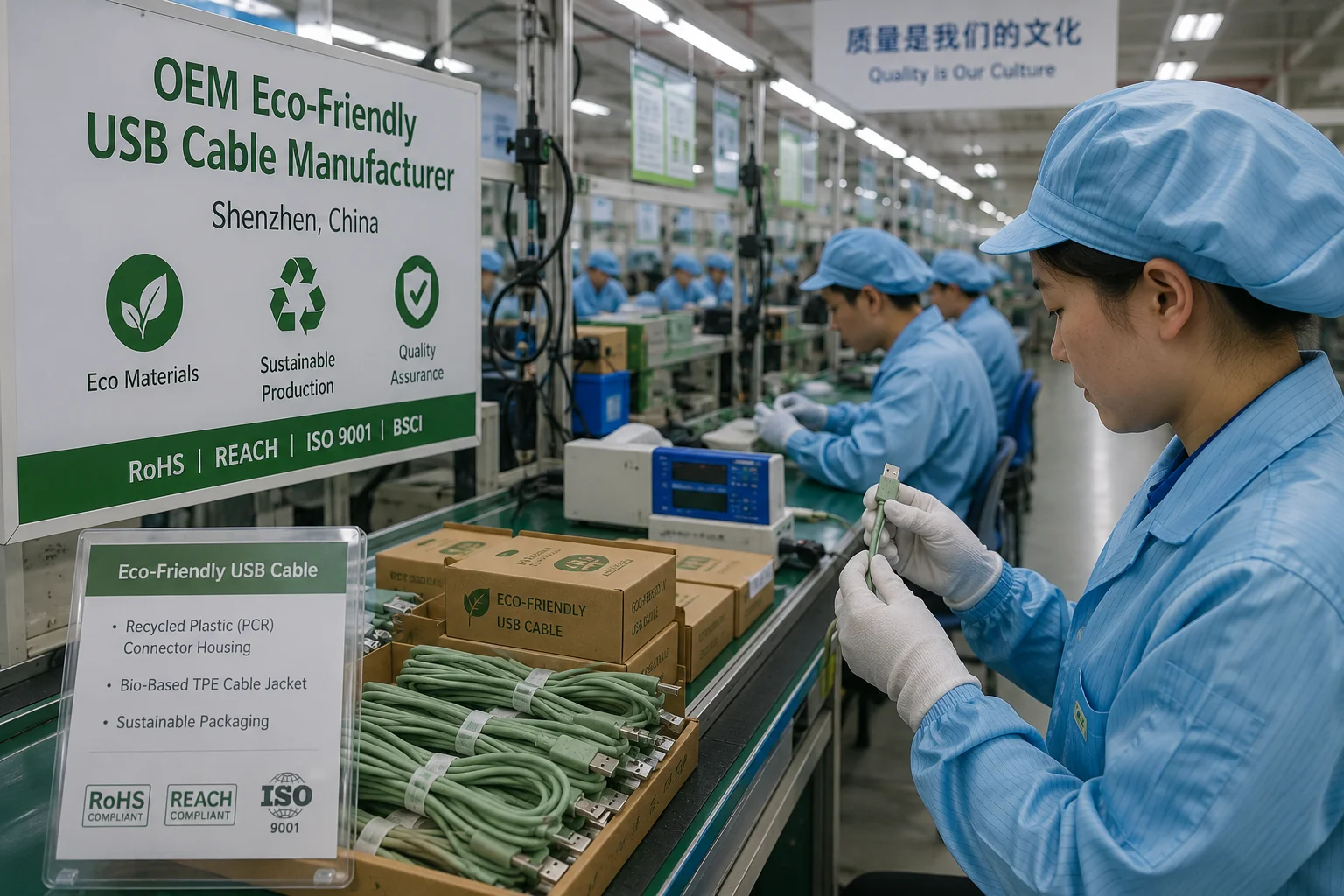 OEM eco-friendly USB cables manufacturing and quality inspection in Shenzhen