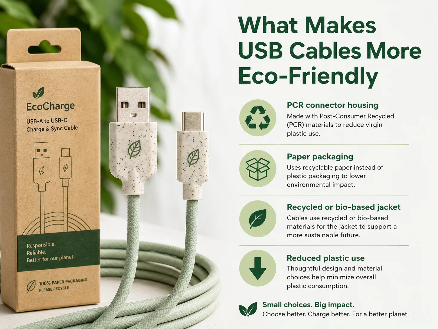 Eco-friendly USB cables showing PCR connector housing and paper packaging