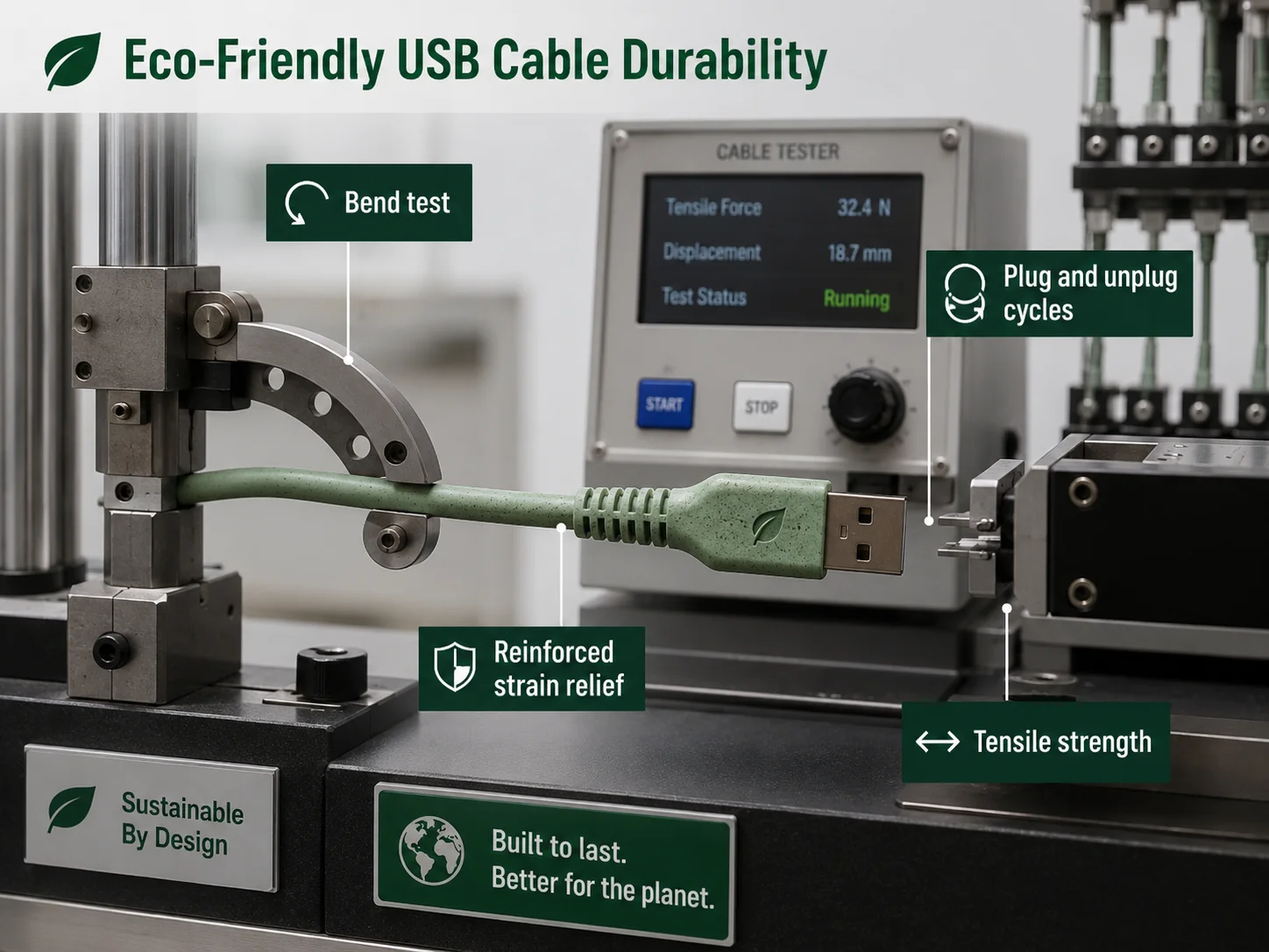 Durability testing for eco-friendly USB cables with reinforced strain relief
